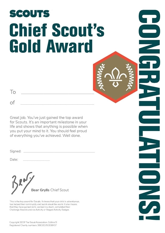 Scout Chief Scouts Gold Award Certificate (Pack of 10)