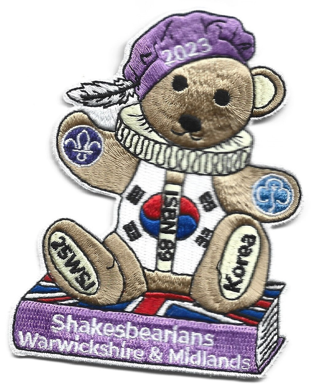 Shakespearians Jamboree Badge.Purple Version.
25th World Scout Jamboree, Korea 2023, Warwickshire Scouts and Midlands Guides Unit