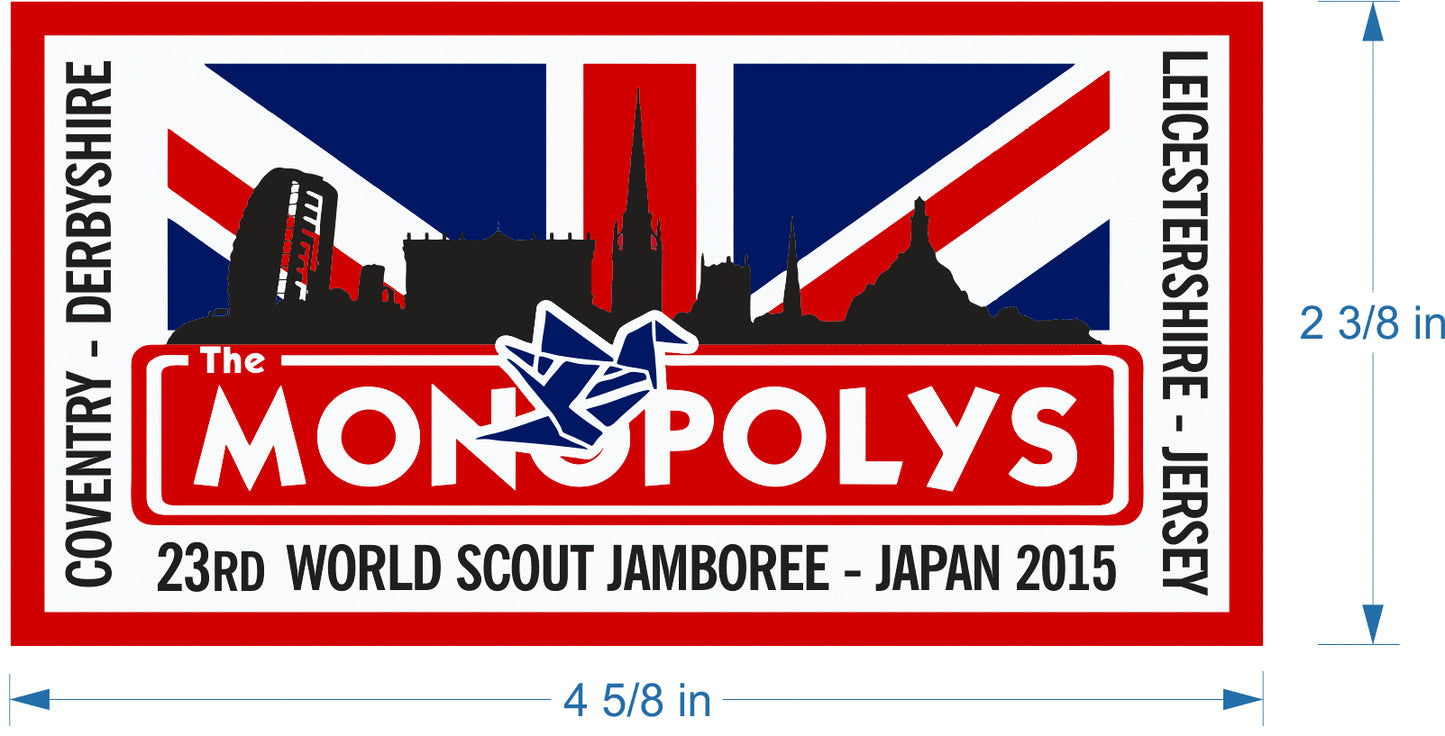 2015 Monopoly's Jamboree Unit Supporters Badge  (Coventry, Derbyshire, Leicestershire, Jersey)