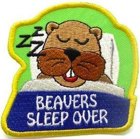 Beavers Sleepover 75mm fun badge, Yellow overlocking