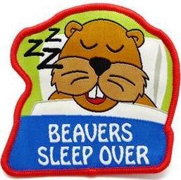 Beavers Sleepover 75mm fun badge, Red overlocking